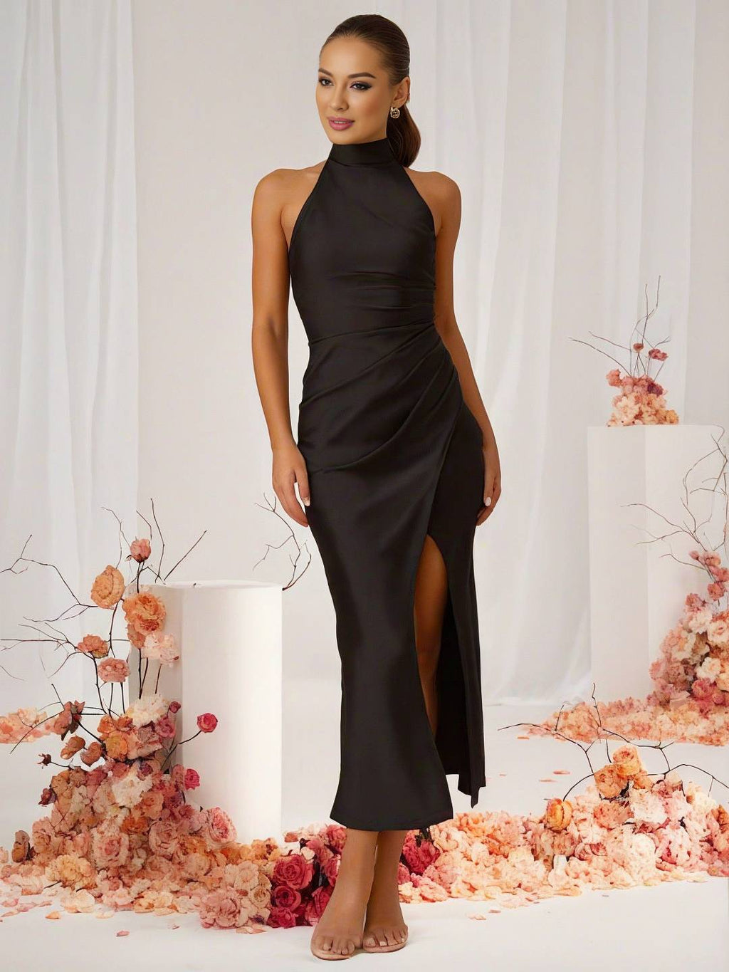 Valenzora | Brautjungfernkleid Satin Neckholder Rückenfrei Ärmellos Elegant Hochzeit Cocktail Zeremonie Gast
