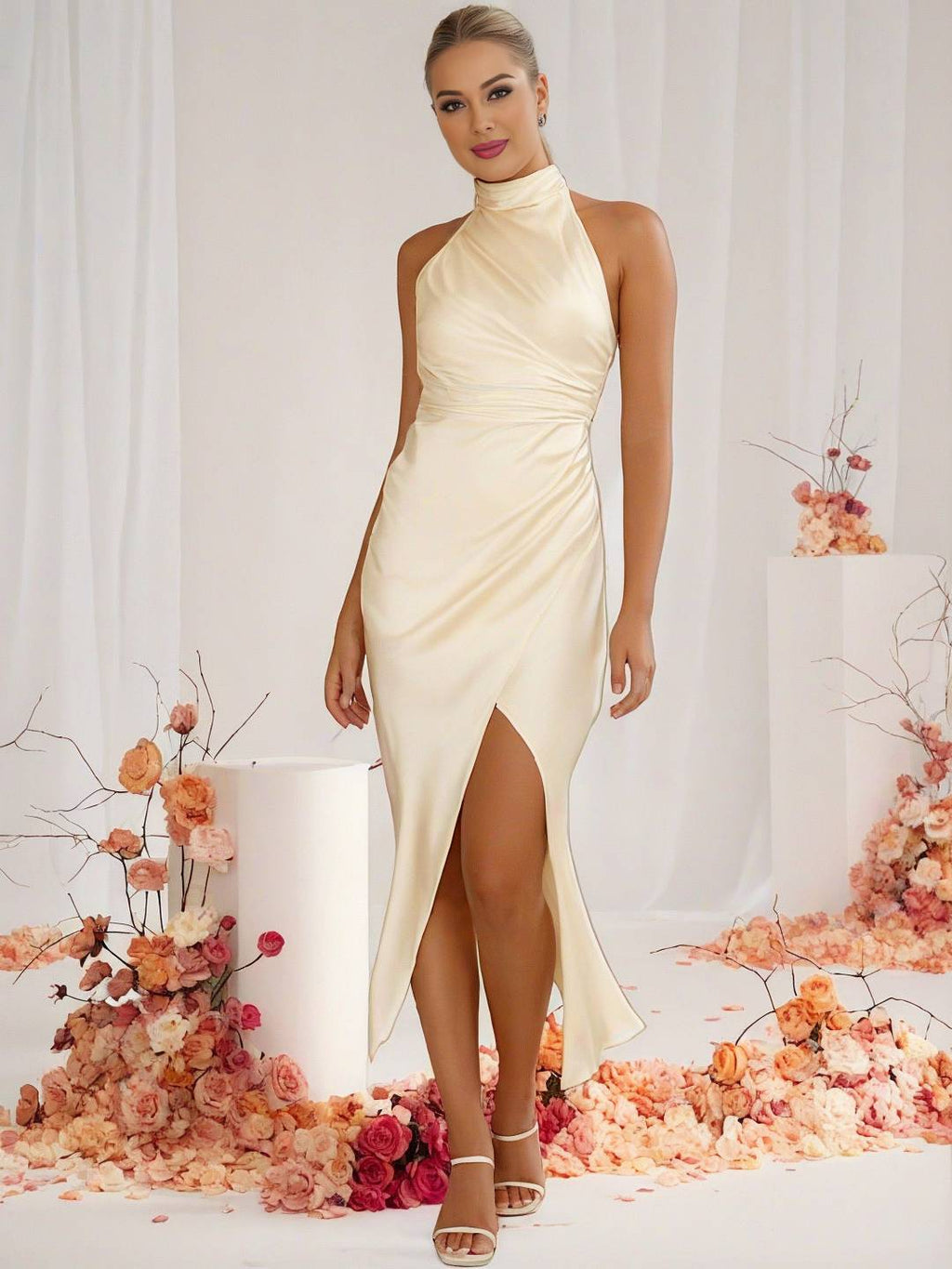 Valenzora | Brautjungfernkleid Satin Neckholder Rückenfrei Ärmellos Elegant Hochzeit Cocktail Zeremonie Gast