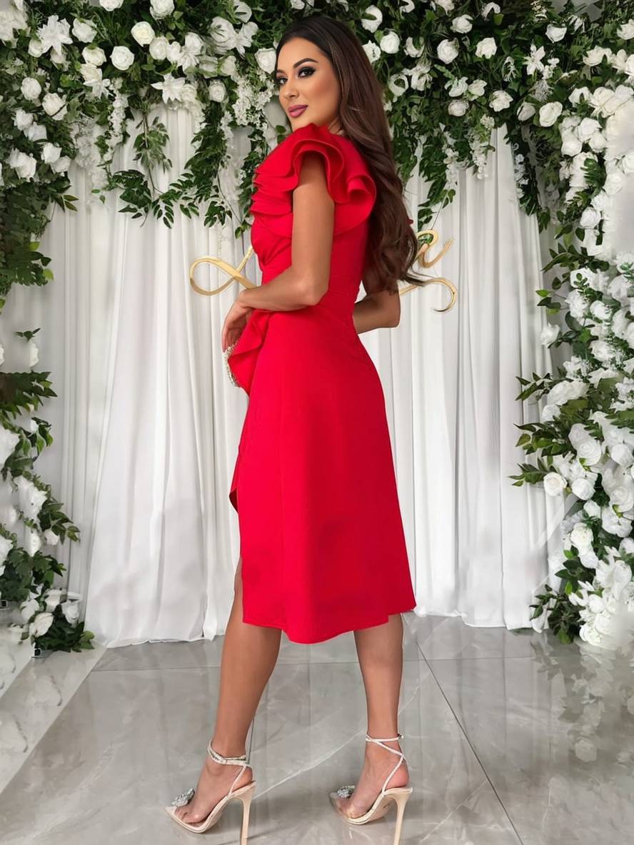 Valenzora | Short V-neck Irregular dress with short sleeves Layered ruffles Elegant fashion Wedding guest