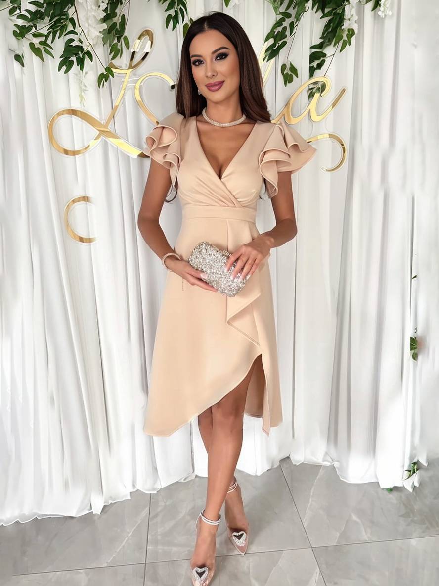 Valenzora | Short V-neck Irregular dress with short sleeves Layered ruffles Elegant fashion Wedding guest