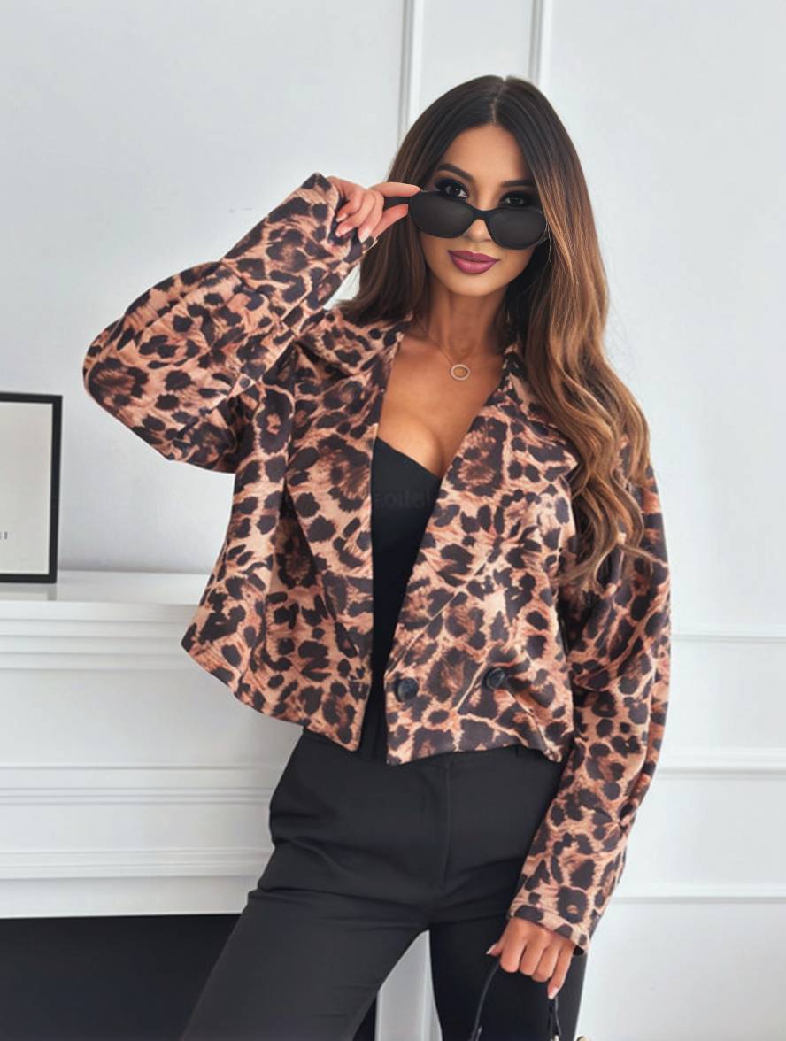 Valenzora | Kurze Leoparden-Motorradjacke mit Knöpfen, lange Ärmel, Damen, elegant, leger, modische Perfecto