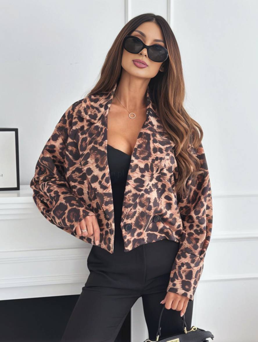 Valenzora | Kurze Leoparden-Motorradjacke mit Knöpfen, lange Ärmel, Damen, elegant, leger, modische Perfecto