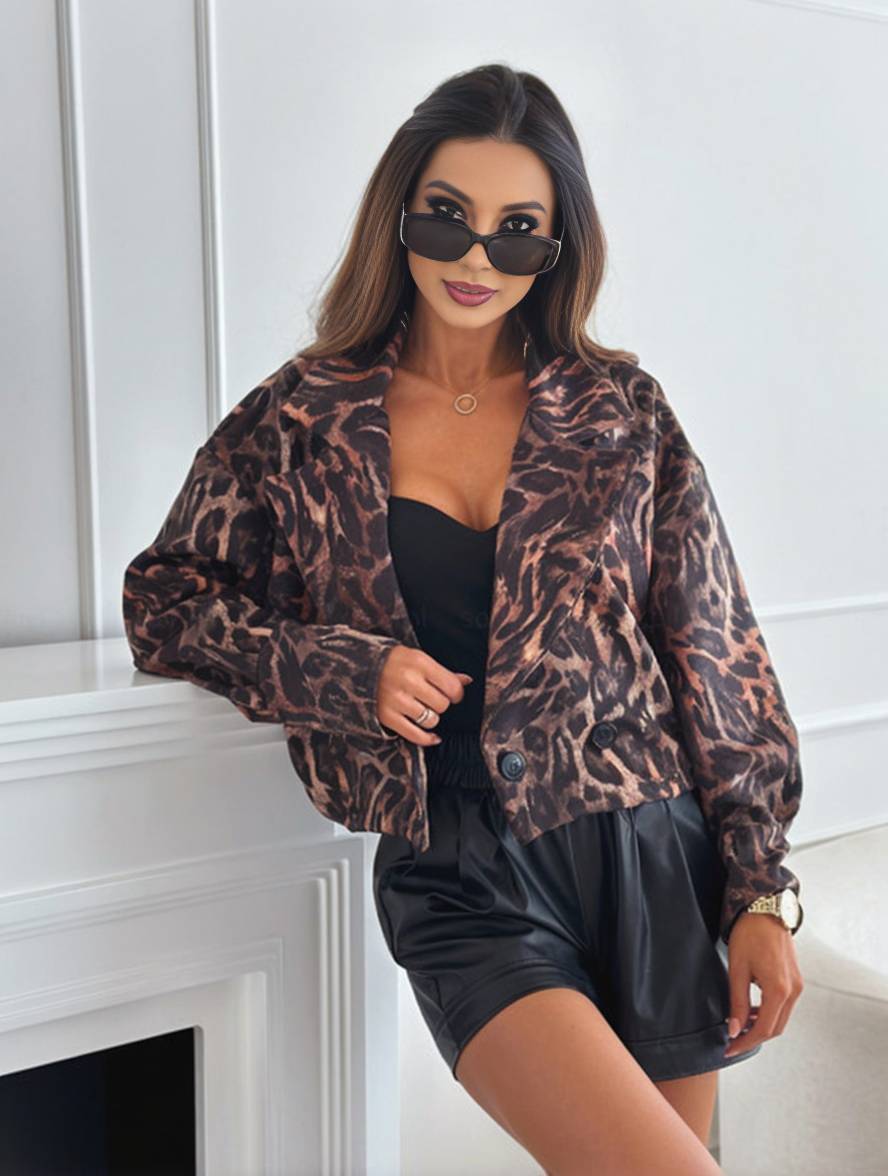 Valenzora | Kurze Leoparden-Motorradjacke mit Knöpfen, lange Ärmel, Damen, elegant, leger, modische Perfecto