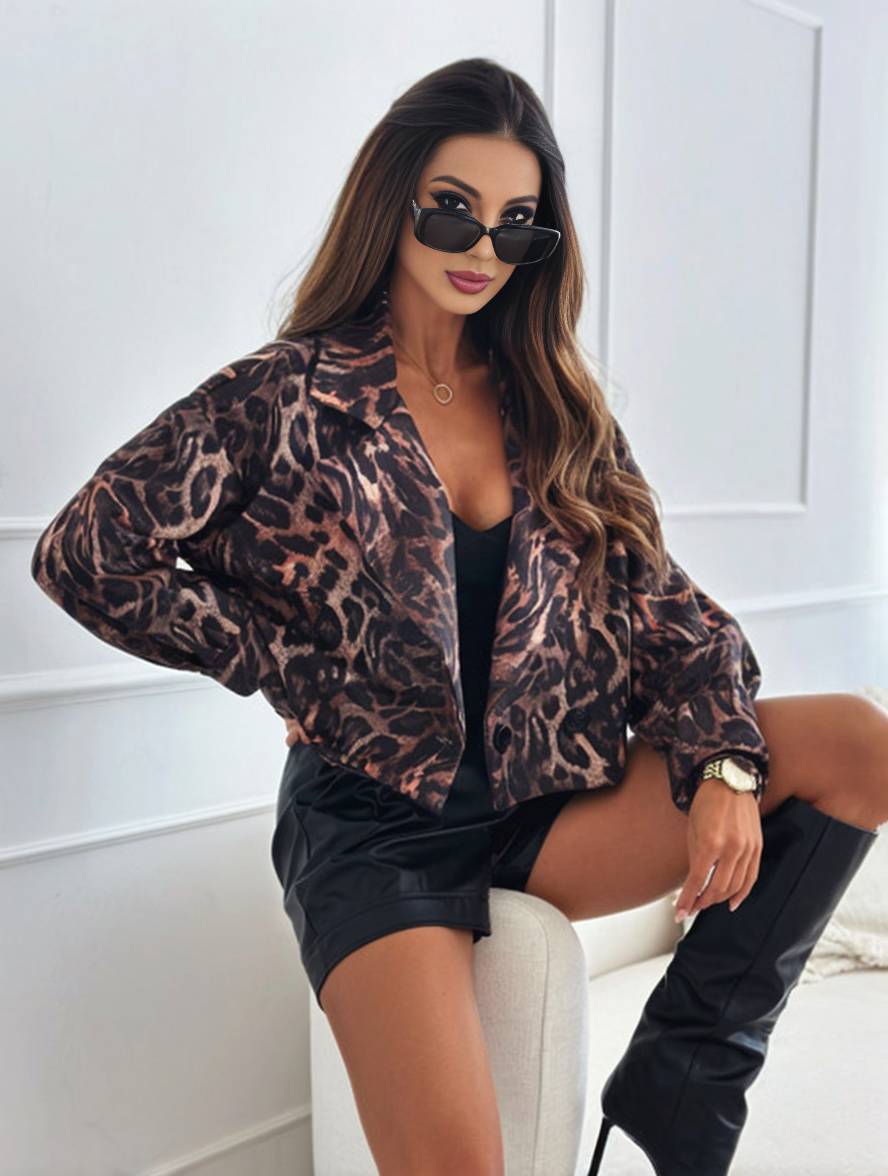 Valenzora | Kurze Leoparden-Motorradjacke mit Knöpfen, lange Ärmel, Damen, elegant, leger, modische Perfecto