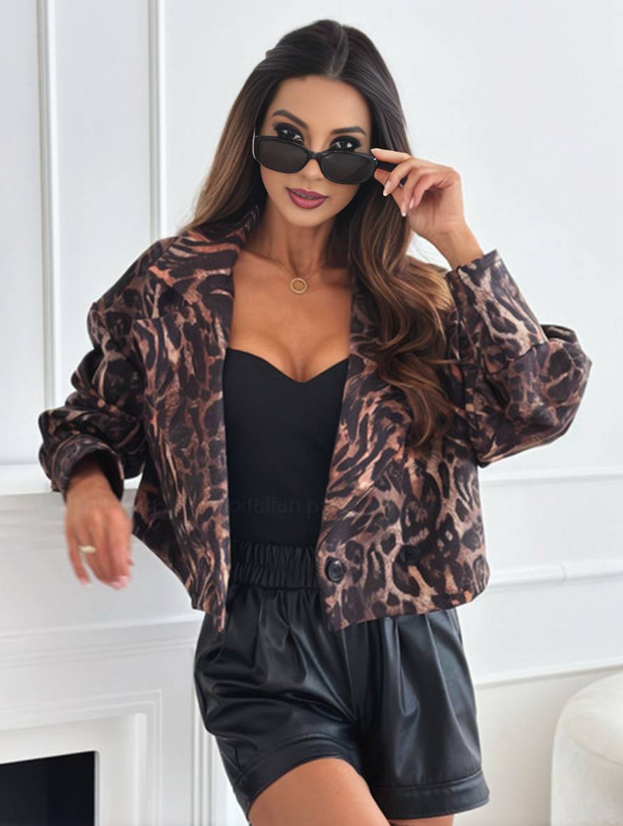 Valenzora | Kurze Leoparden-Motorradjacke mit Knöpfen, lange Ärmel, Damen, elegant, leger, modische Perfecto