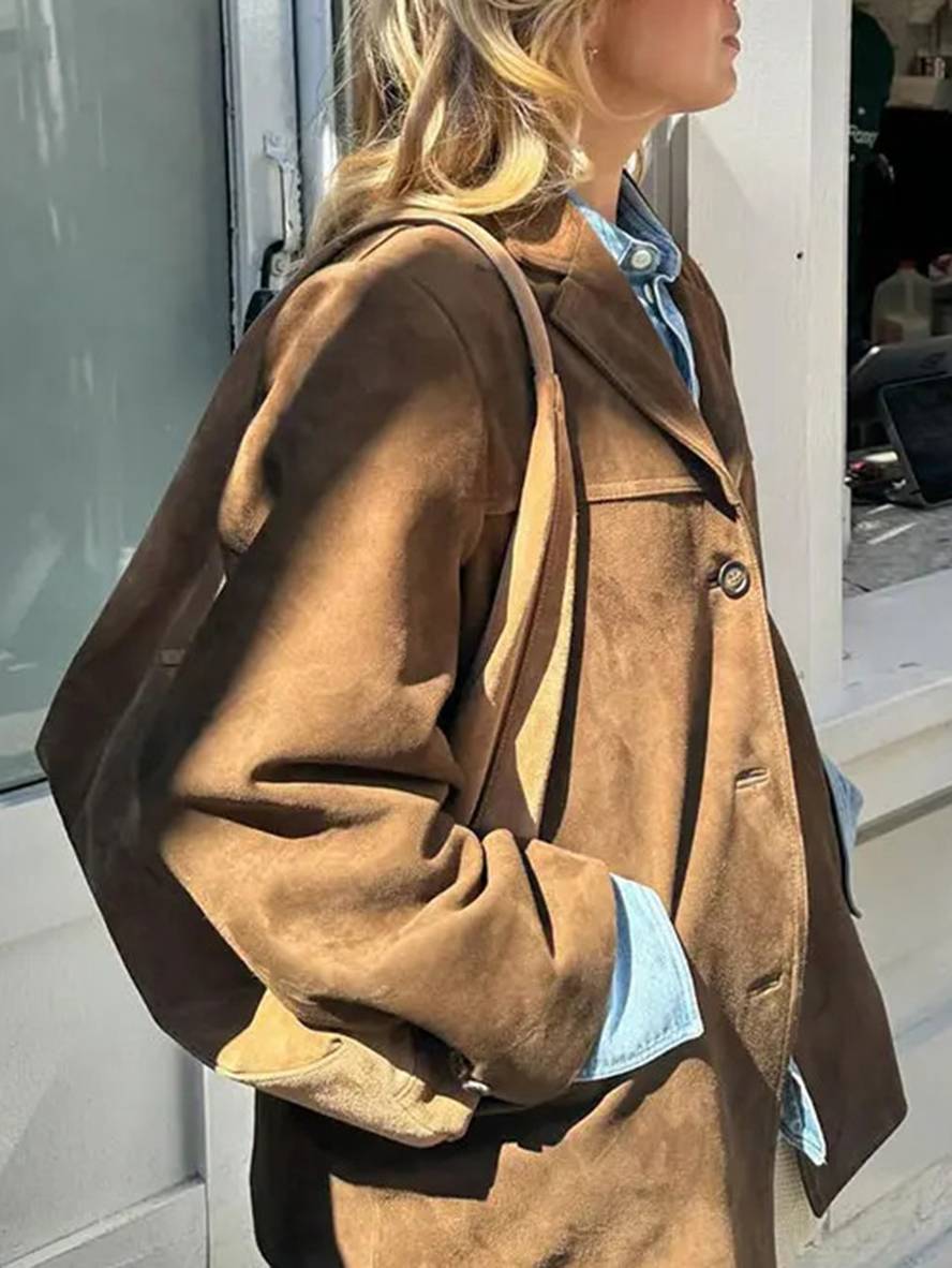 Valenzora | Suede Blazer with Button Pockets, Long Sleeves, Women's Elegant Vintage Casual Suede Jacket