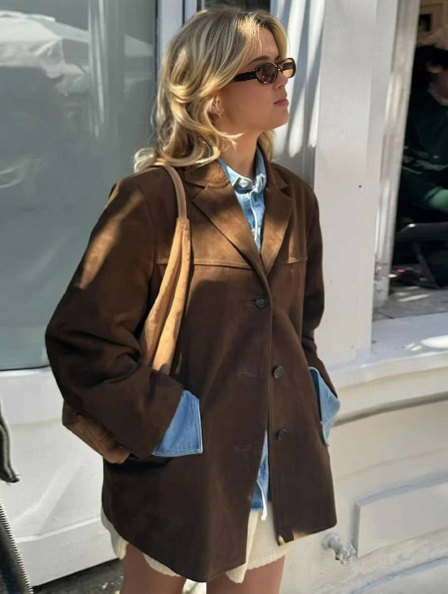 Valenzora | Suede Blazer with Button Pockets, Long Sleeves, Women's Elegant Vintage Casual Suede Jacket