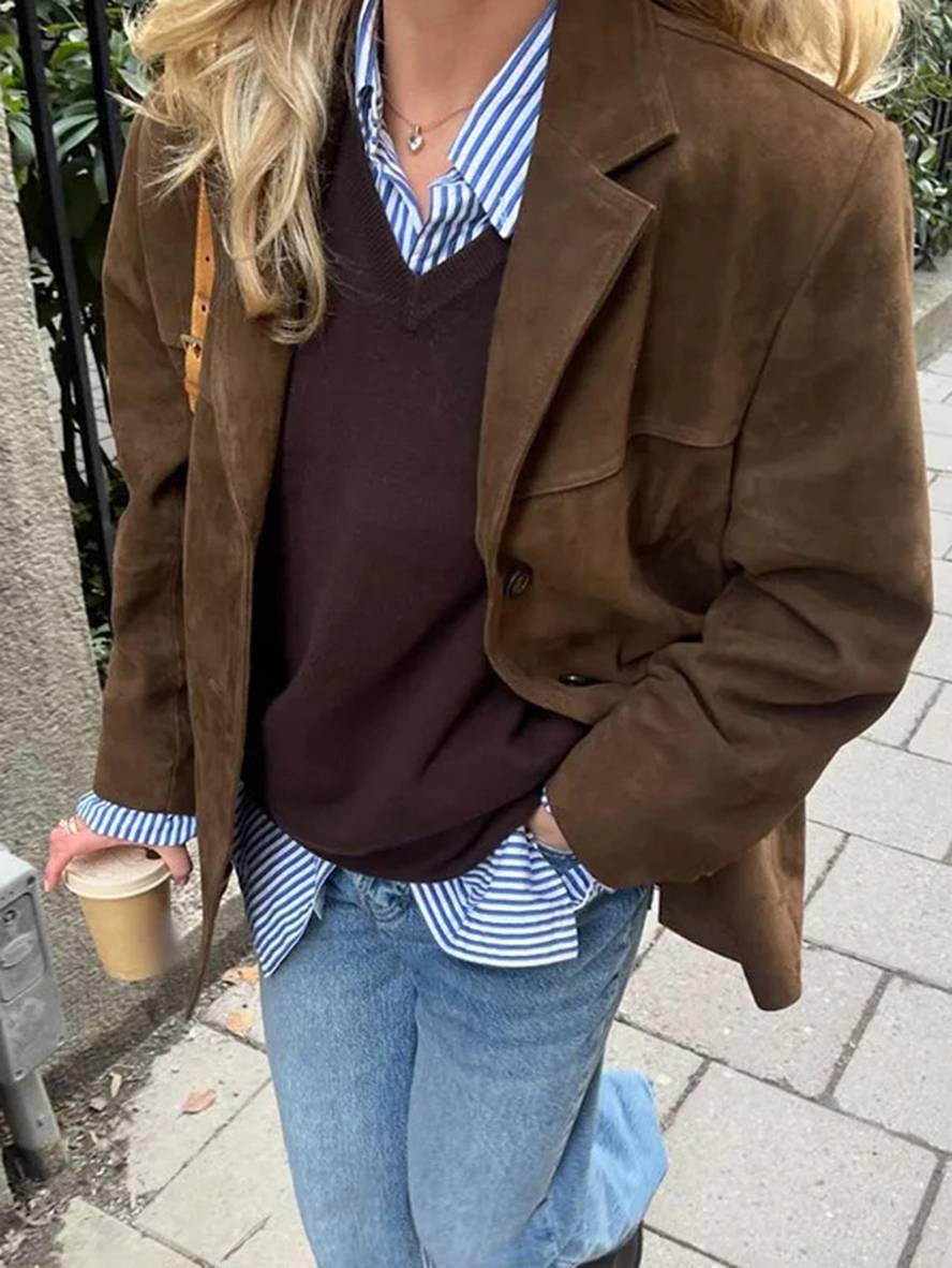 Valenzora | Suede Blazer with Button Pockets, Long Sleeves, Women's Elegant Vintage Casual Suede Jacket