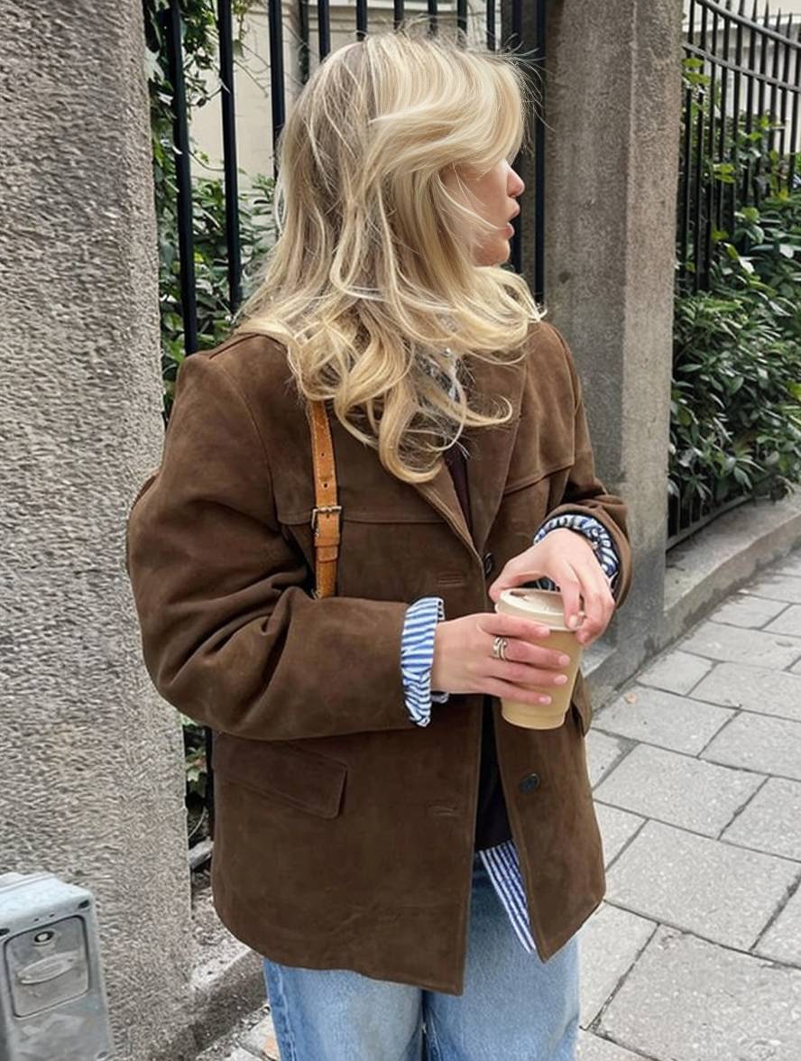 Valenzora | Suede Blazer with Button Pockets, Long Sleeves, Women's Elegant Vintage Casual Suede Jacket
