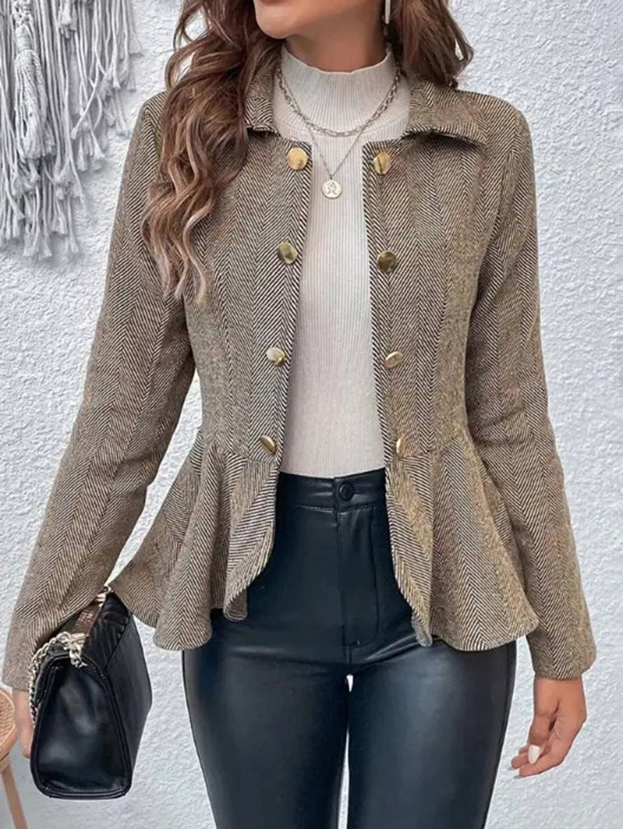 Valenzora | Kurzer Blazer Chevron Schößchen Doppelknopfverschluss Reverskragen Lange Ärmel Elegante Freizeitjacke für Damen