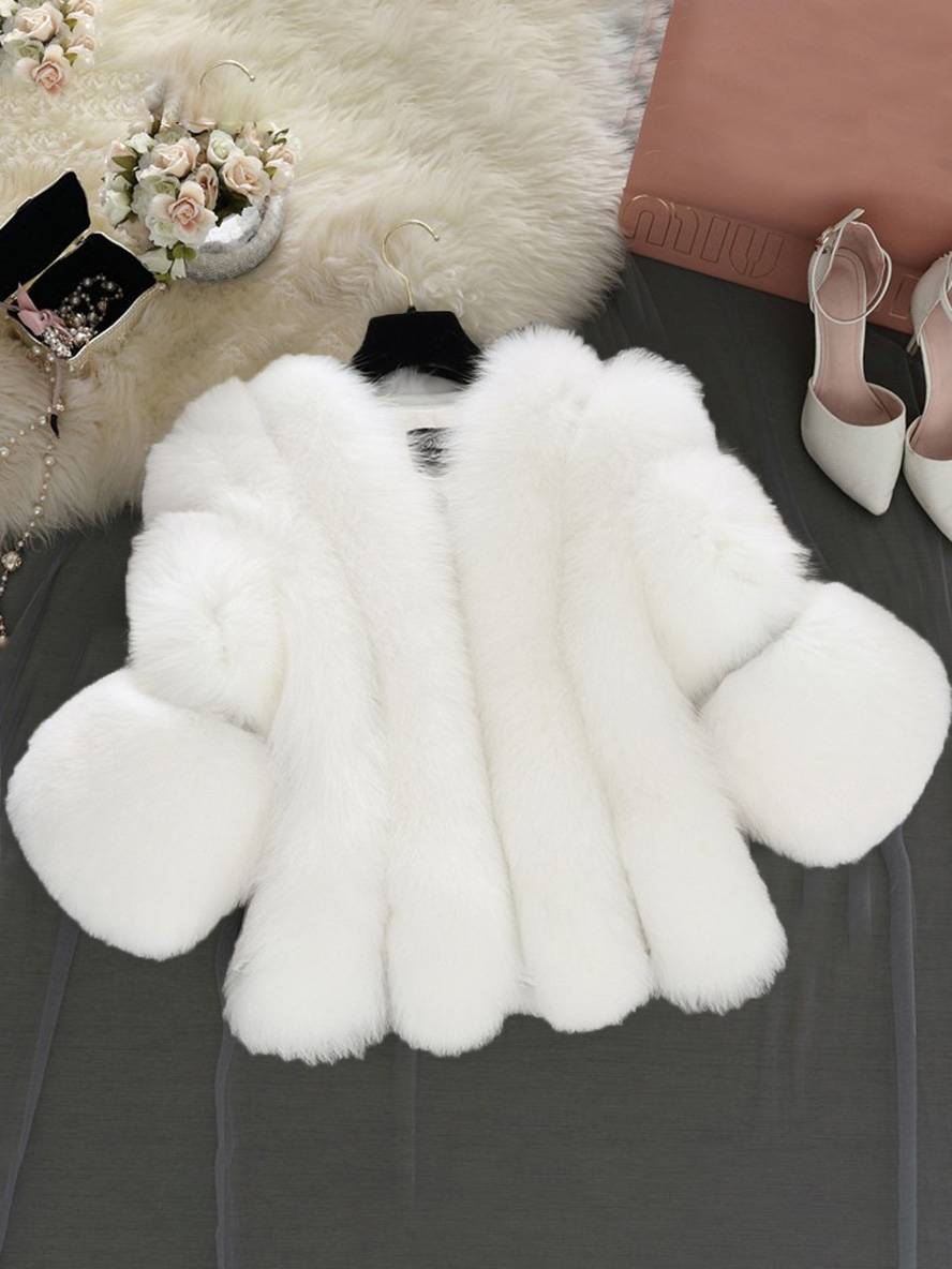 Valenzora | Solid Color Faux Fur Coat with Long Sleeves for Women Elegant Fashion Winter Jacket