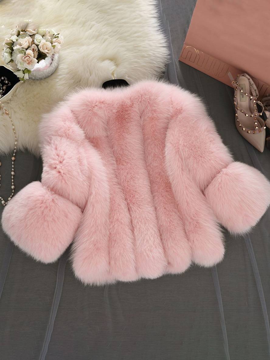 Valenzora | Solid Color Faux Fur Coat with Long Sleeves for Women Elegant Fashion Winter Jacket