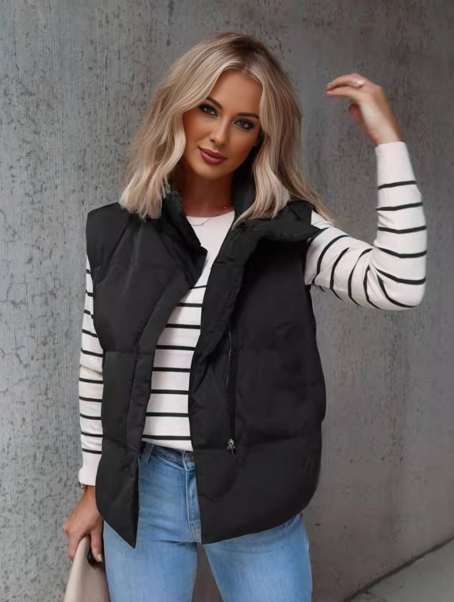 Valenzora | Short solid color down jacket with zippered pockets, sleeveless, women's elegant casual winter vest