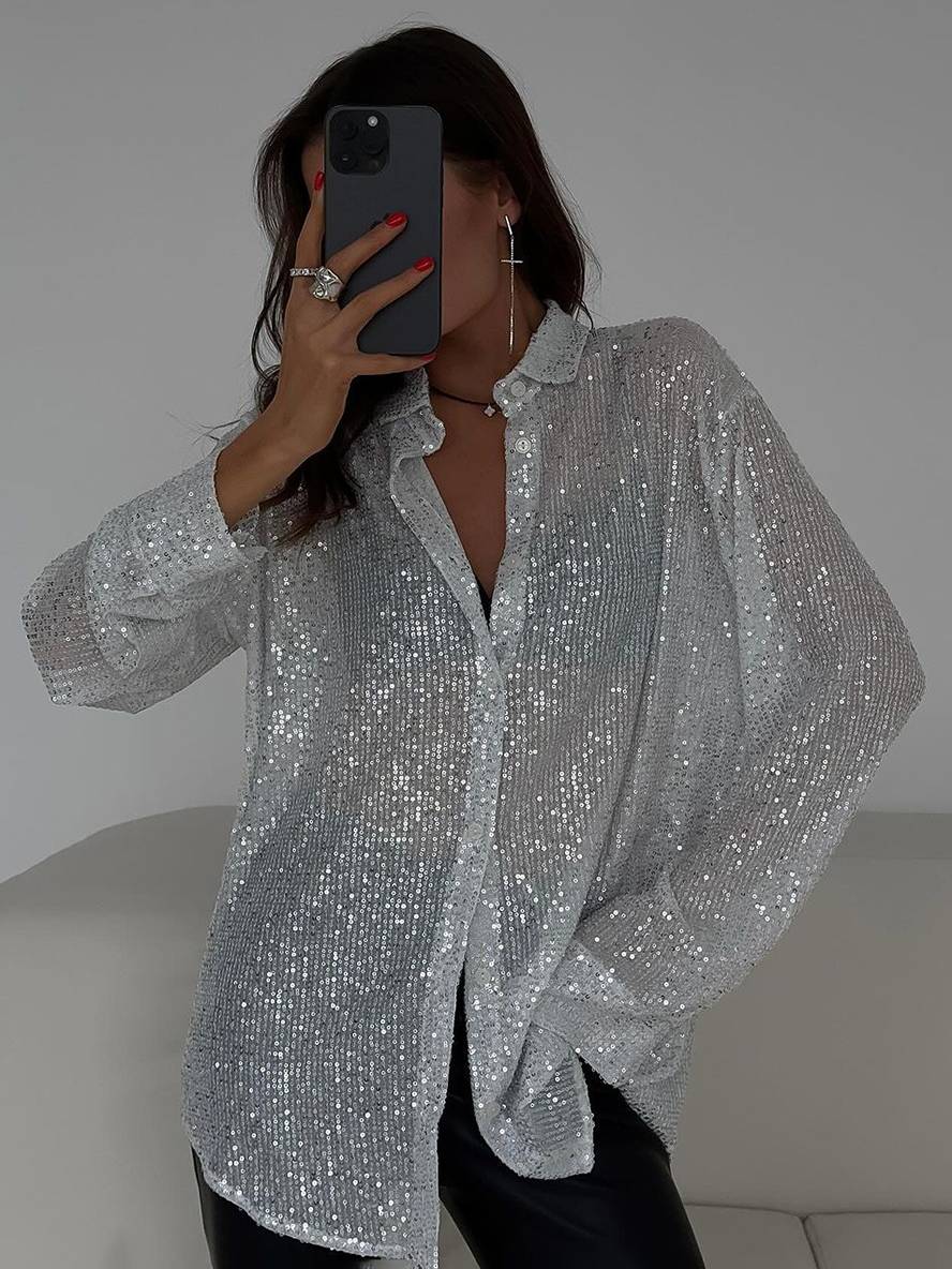 Valenzora | Blouse Brilliant Sequin Shirt Collar Shirt Long Sleeves Women's Elegant Casual Oversized