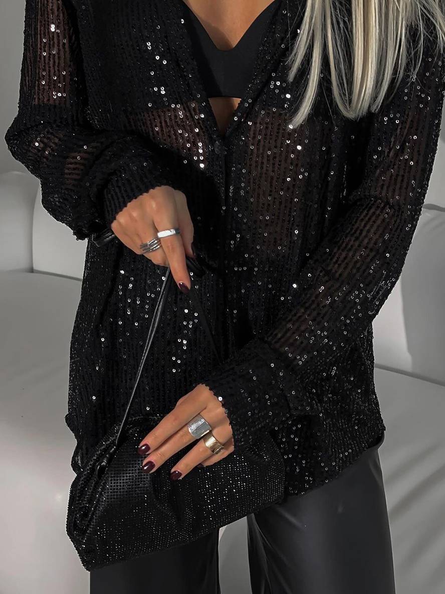 Valenzora | Blouse Brilliant Sequin Shirt Collar Shirt Long Sleeves Women's Elegant Casual Oversized