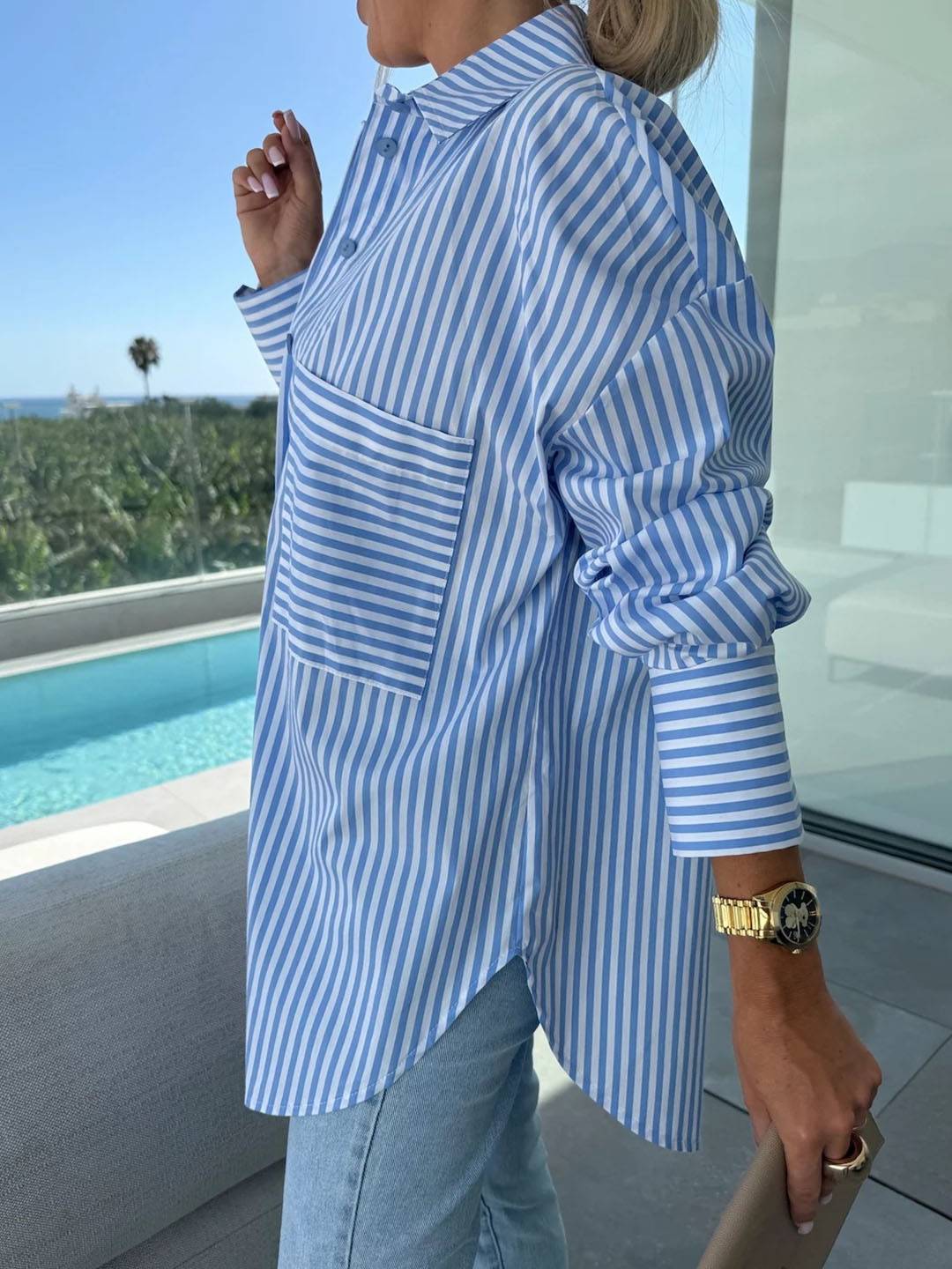 Valenzora | Striped Blouse Button-Up Shirt Collar Long Sleeves Women's Elegant Tailored Casual Plus Sizes