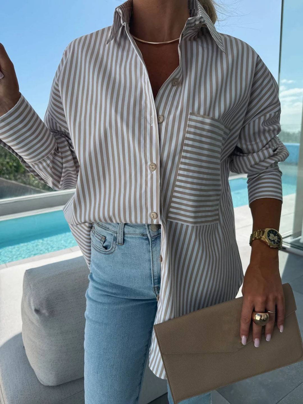 Valenzora | Striped Blouse Button-Up Shirt Collar Long Sleeves Women's Elegant Tailored Casual Plus Sizes