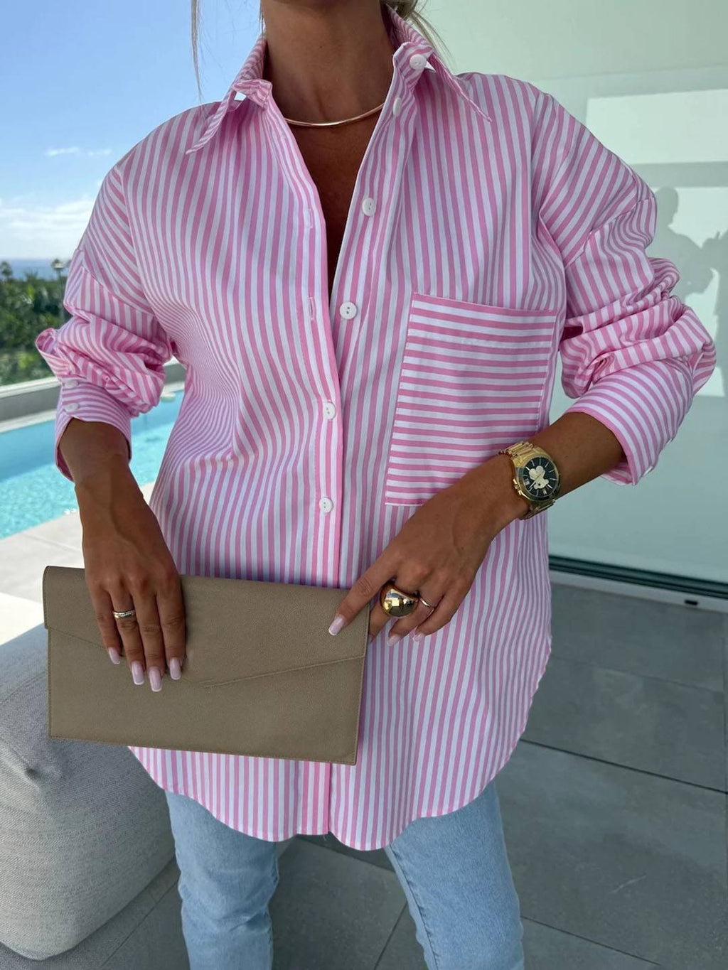 Valenzora | Striped Blouse Button-Up Shirt Collar Long Sleeves Women's Elegant Tailored Casual Plus Sizes