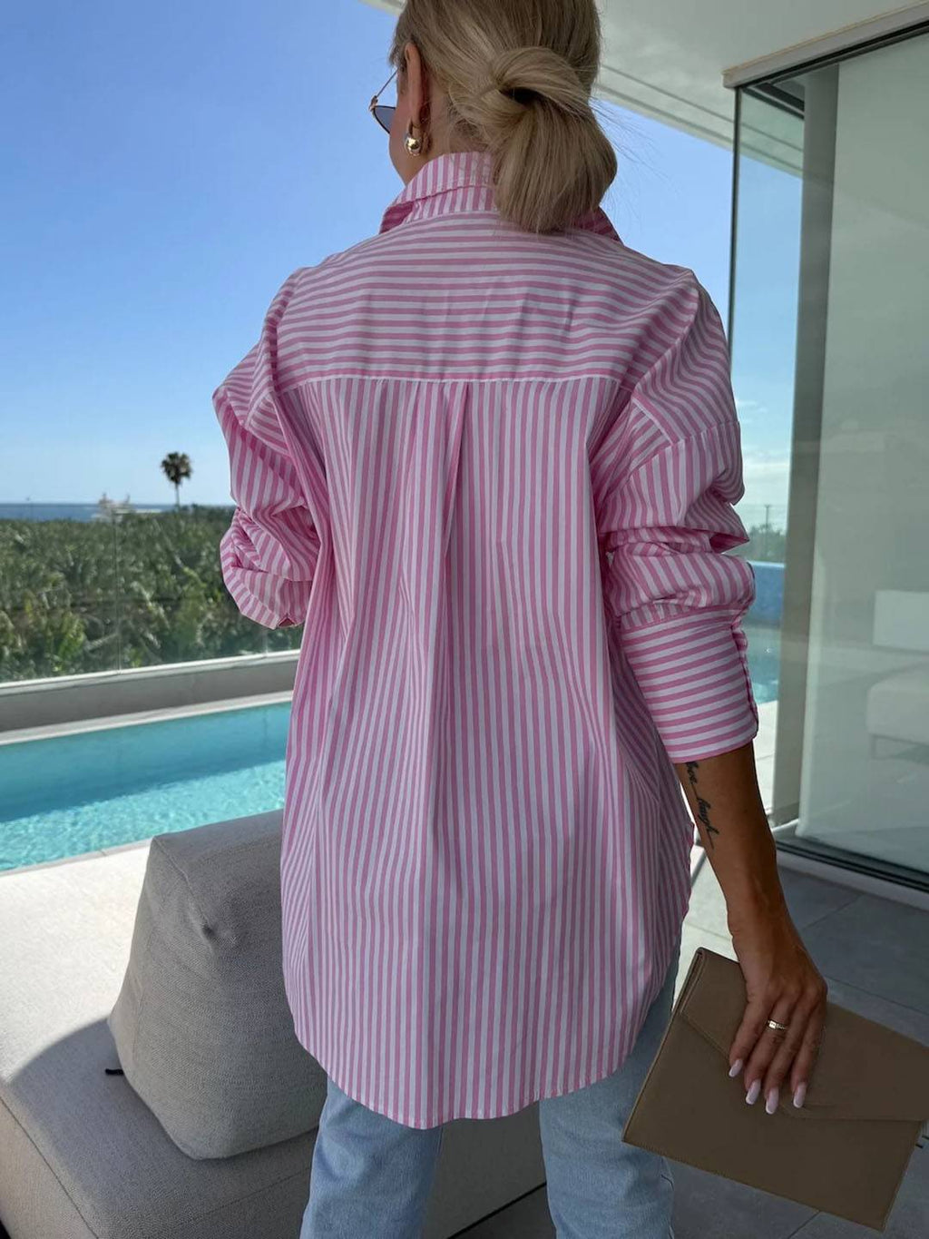 Valenzora | Striped Blouse Button-Up Shirt Collar Long Sleeves Women's Elegant Tailored Casual Plus Sizes