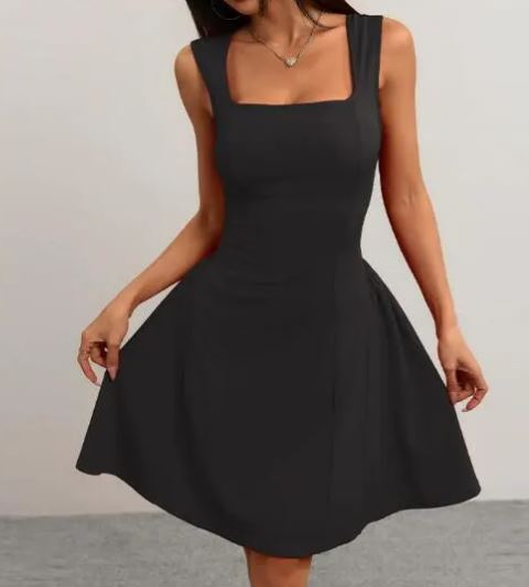 Damen A-Linien-Kleid mit eckigem Ausschnitt und Tellerrock, Größe
