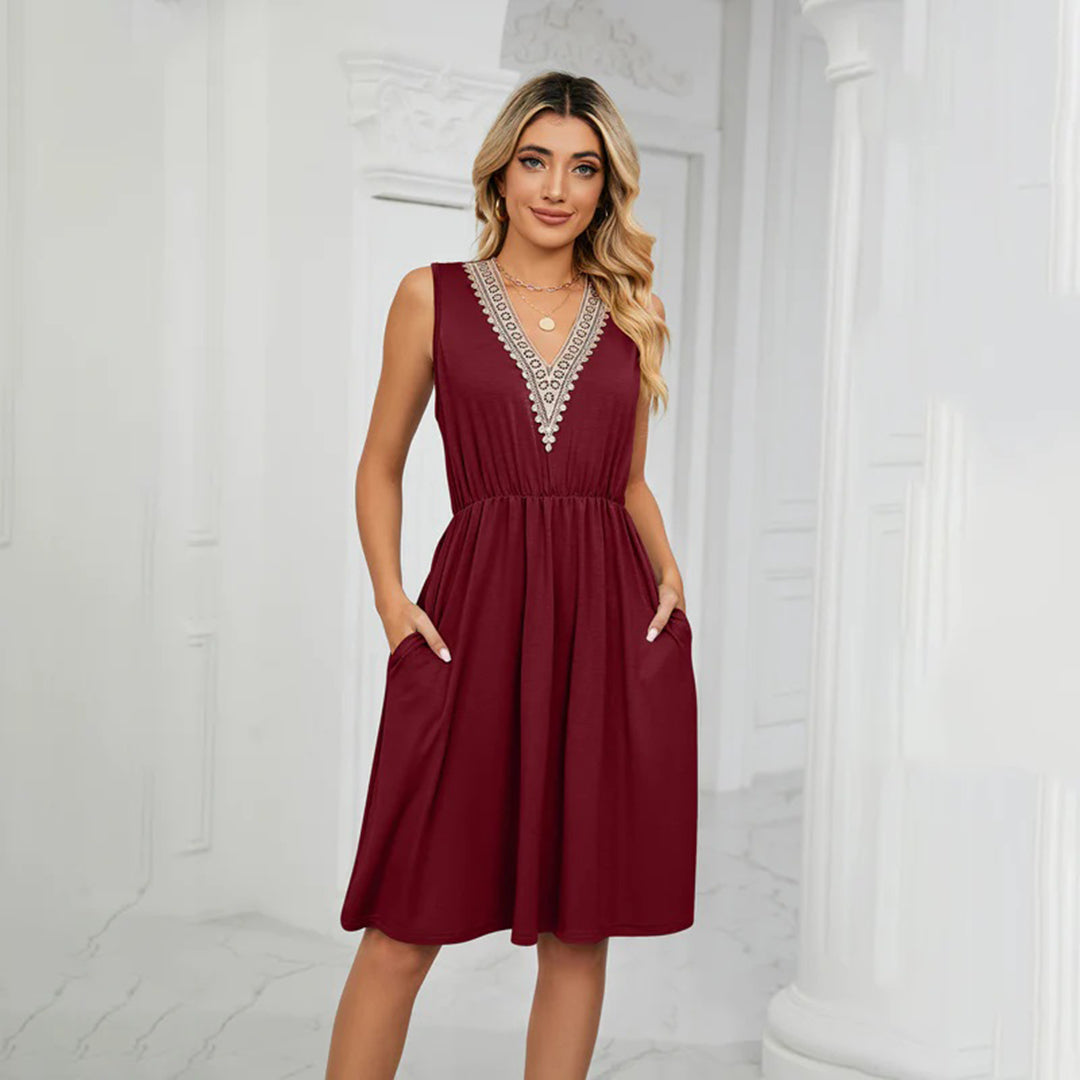 Valenzora | Sleeveless dress, V-neck, embroidered, fitted, high-low hem, flowing cut