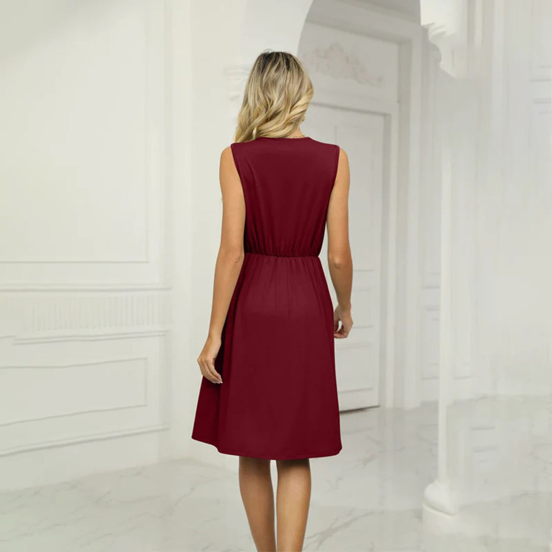 Valenzora | Sleeveless dress, V-neck, embroidered, fitted, high-low hem, flowing cut