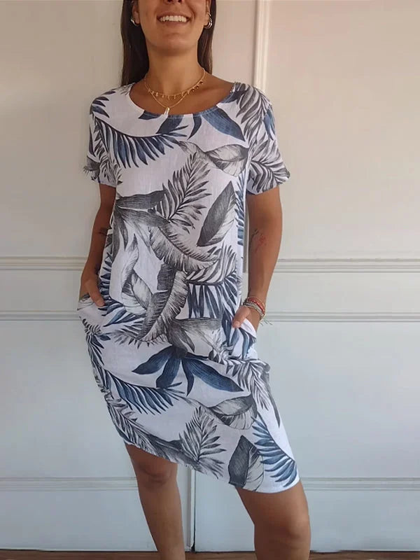 Valenzora | Women's dress in cotton and linen with a round neck
