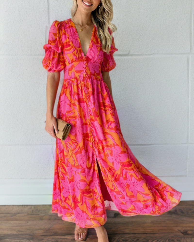 Valenzora | Elegant dress with puff sleeves and deep V-neck print