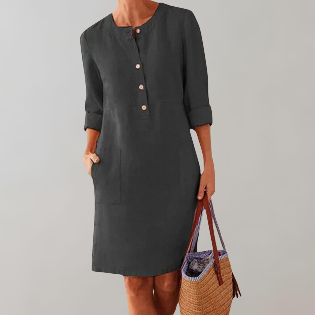 Valenzora - Comfortable women's shirt dress | Button-down front dress | Timeless dress with three-quarter sleeves