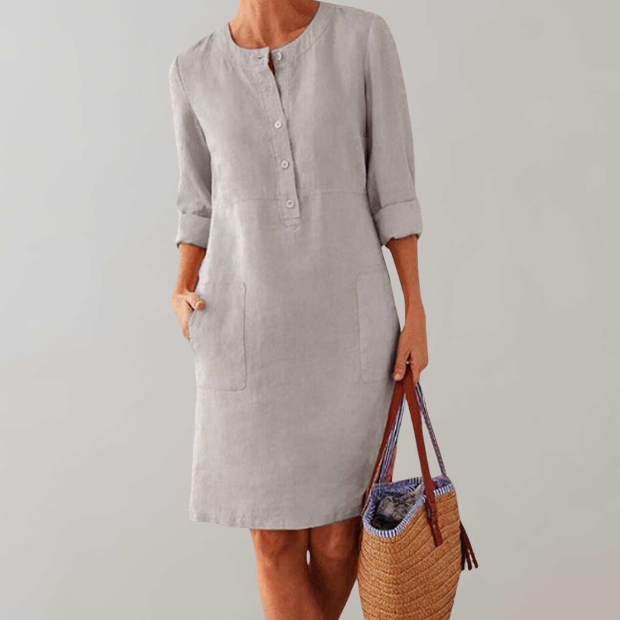 Valenzora - Comfortable women's shirt dress | Button-down front dress | Timeless dress with three-quarter sleeves