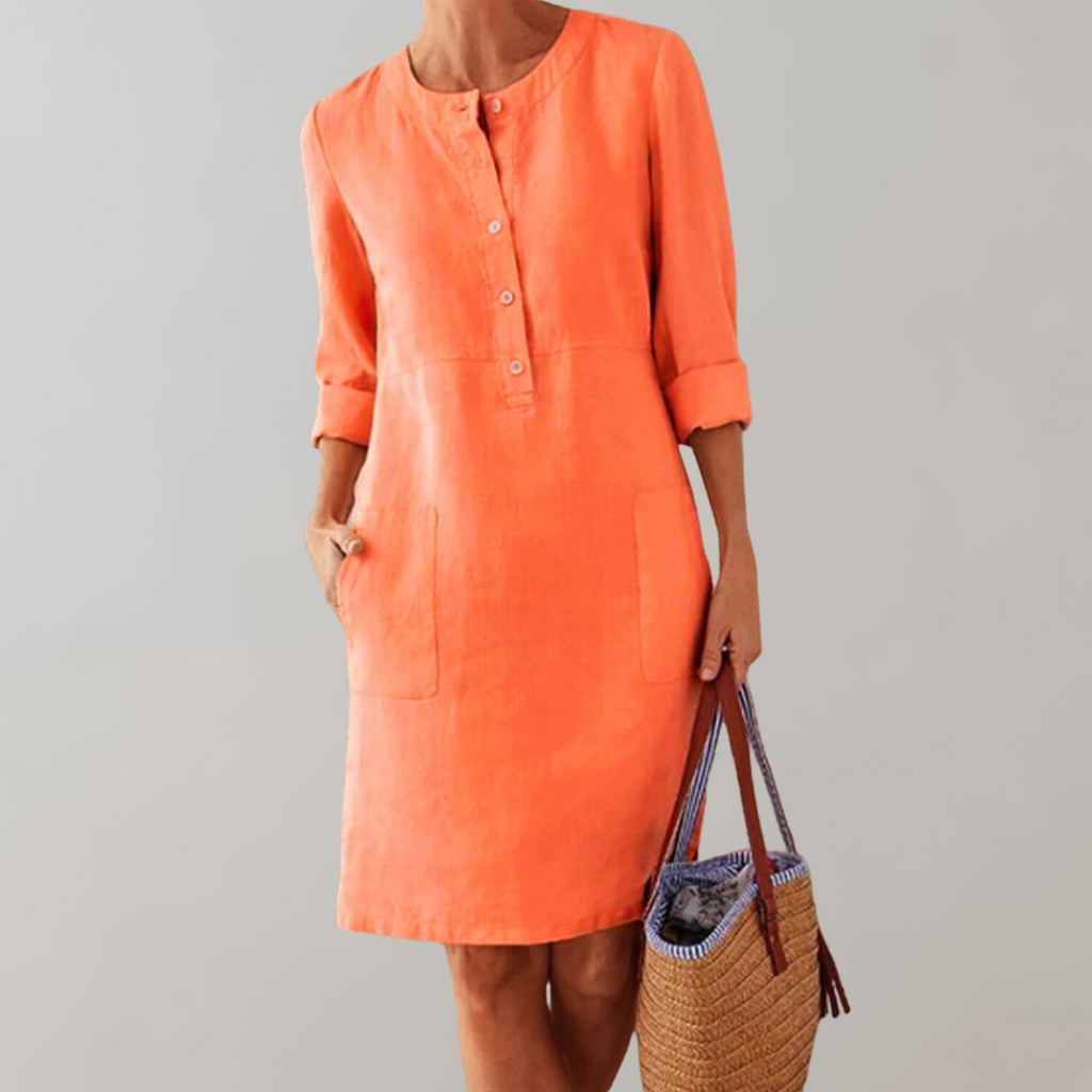 Valenzora - Comfortable women's shirt dress | Button-down front dress | Timeless dress with three-quarter sleeves