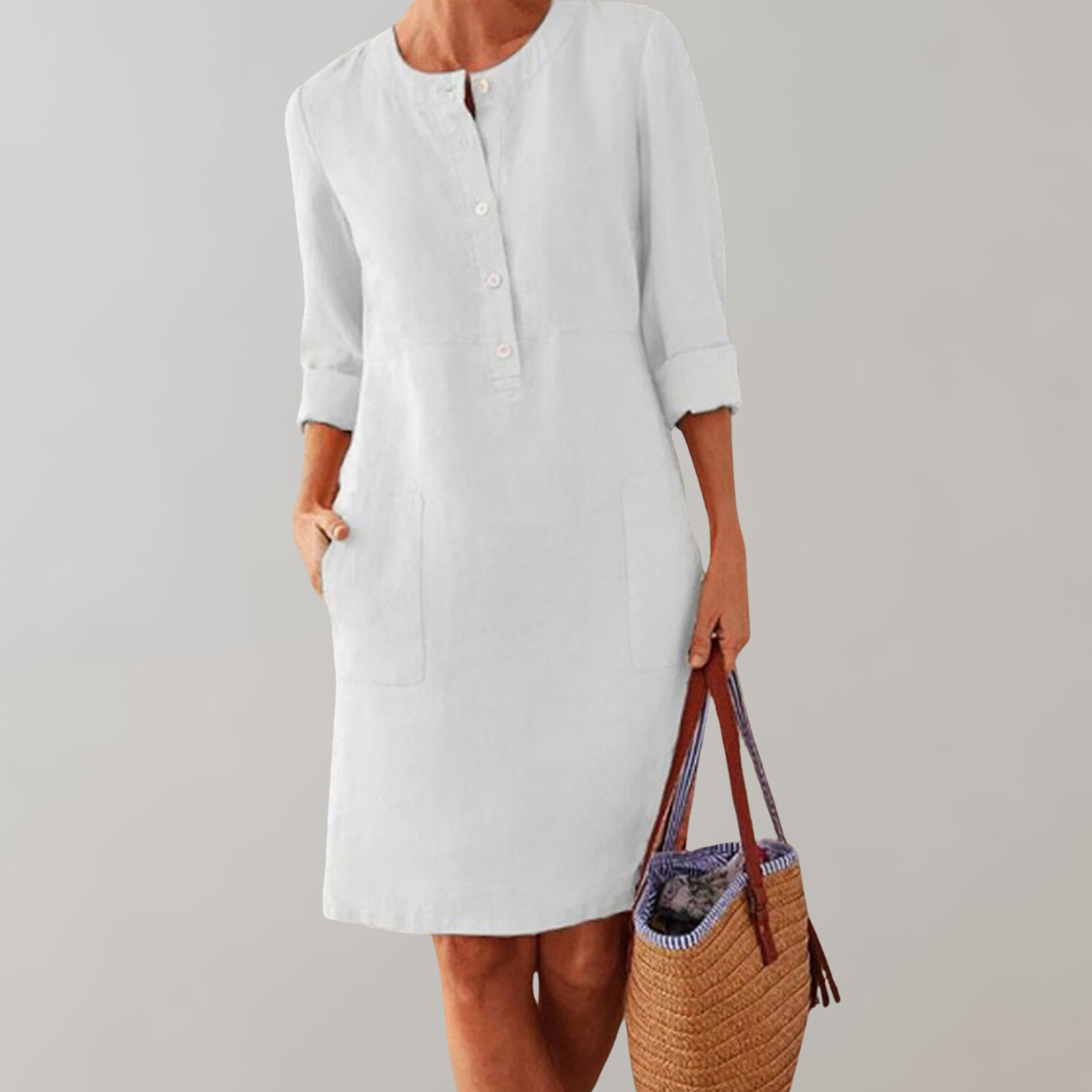Valenzora - Comfortable women's shirt dress | Button-down front dress | Timeless dress with three-quarter sleeves