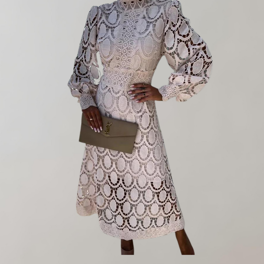 Valenzora - Midi dress with high neckline and lace details | Dress with puff sleeves and fitted cuffs