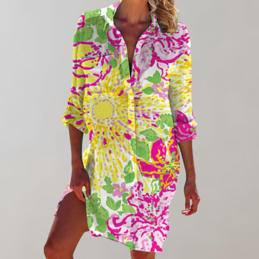 Valenzora - Patterned Shirt Dress | Colorful Summer Midi Dress