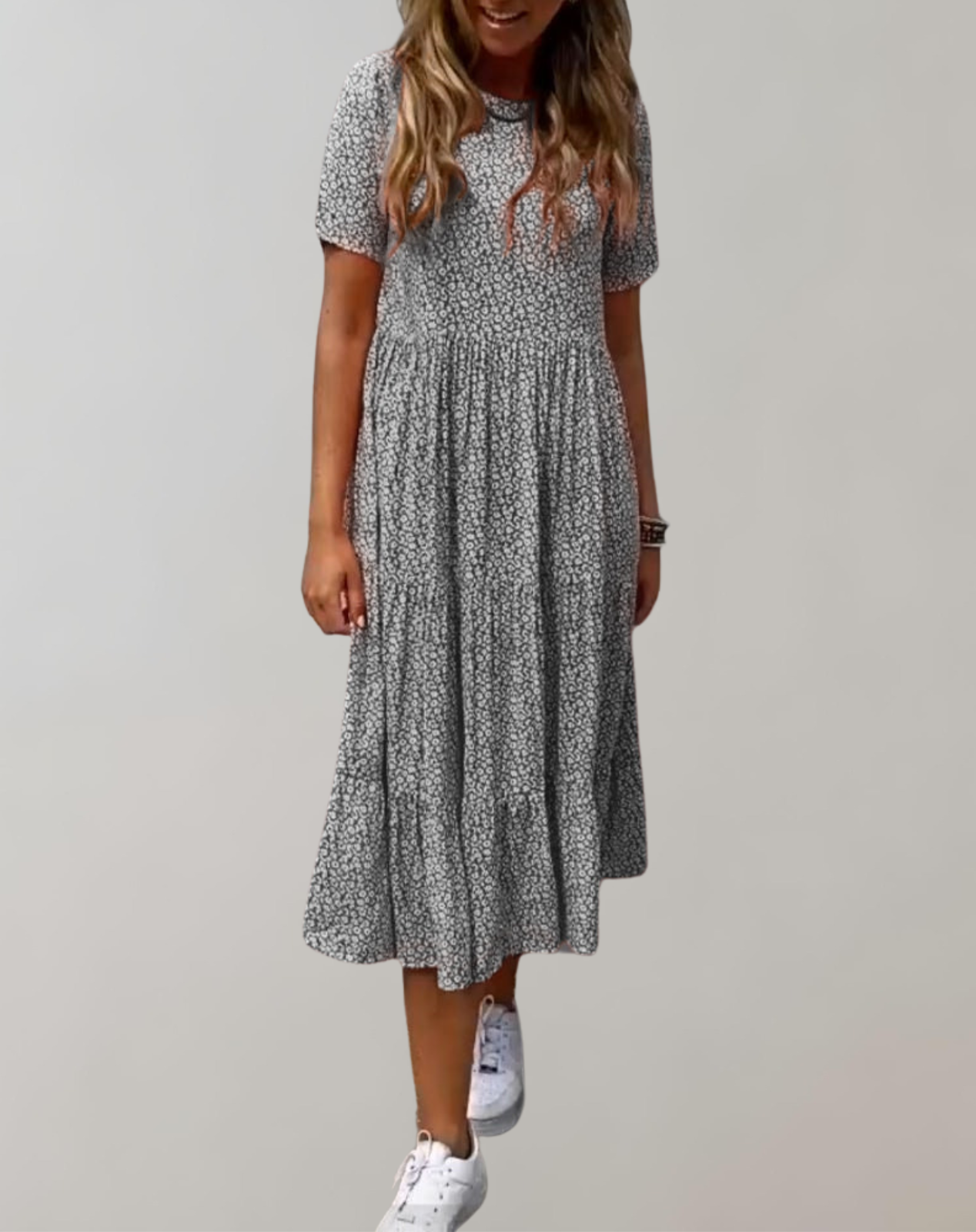 Valenzora - Casual, short-sleeved midi dress with floral print | Flowing dress for women
