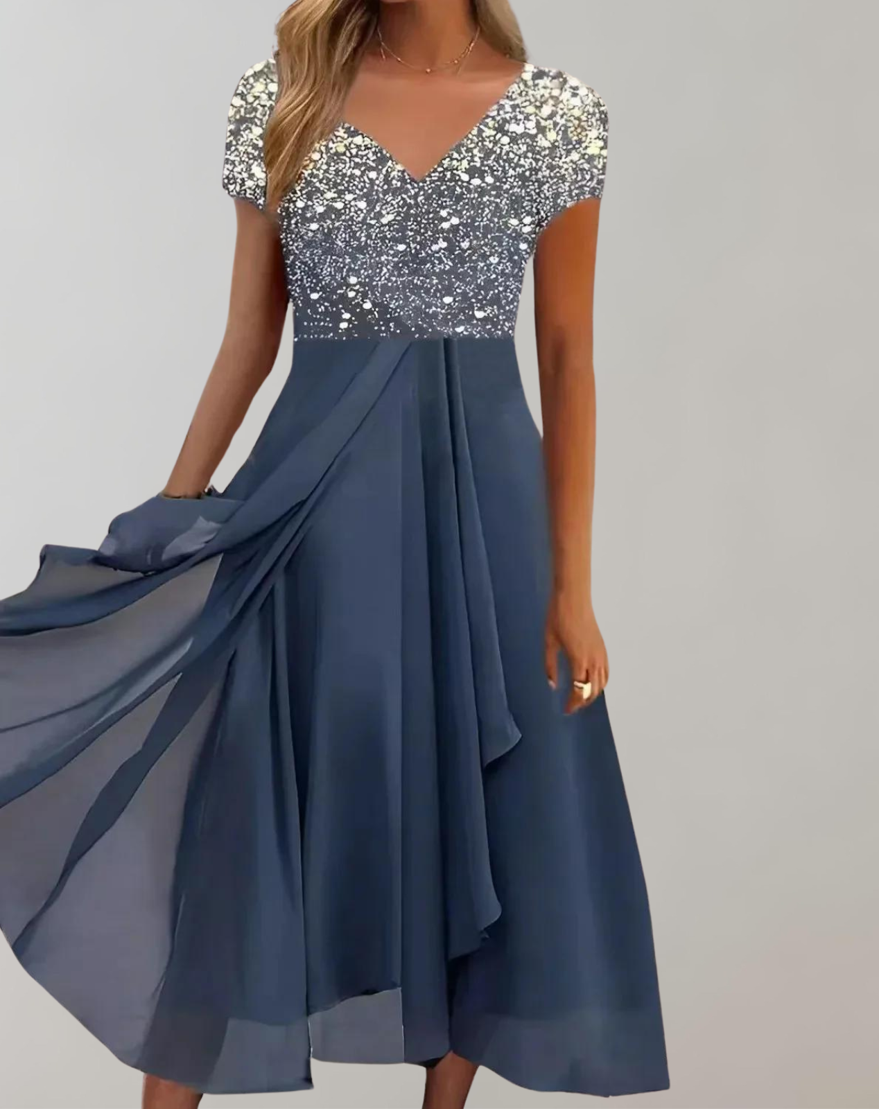 Valenzora – Kleid mit leuchtenden Blüten | Abendkleid für Damen | Kleid mit glänzendem Oberteil