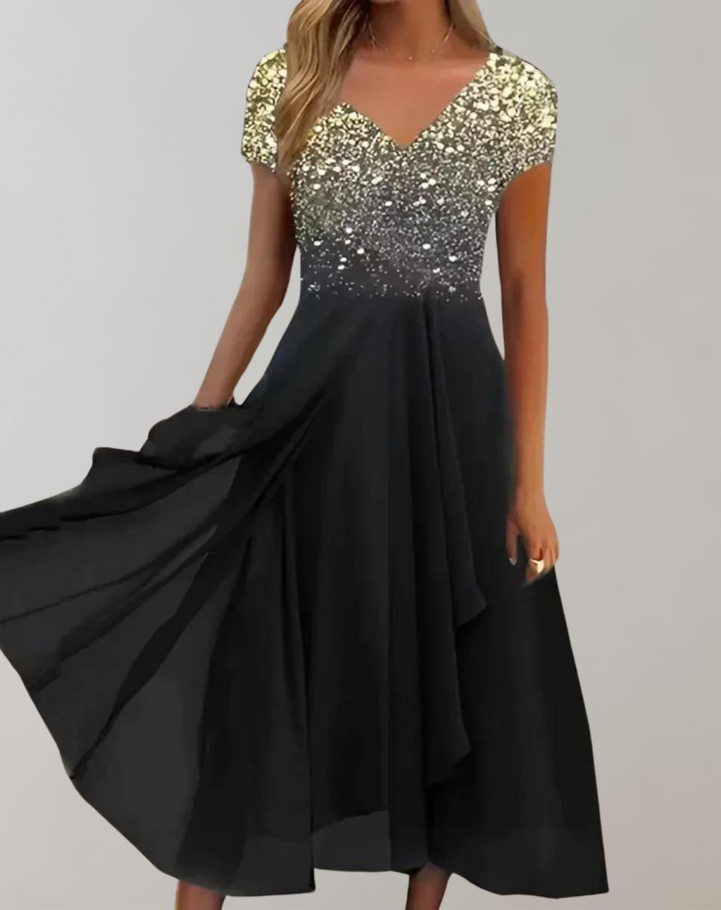 Valenzora – Kleid mit leuchtenden Blüten | Abendkleid für Damen | Kleid mit glänzendem Oberteil