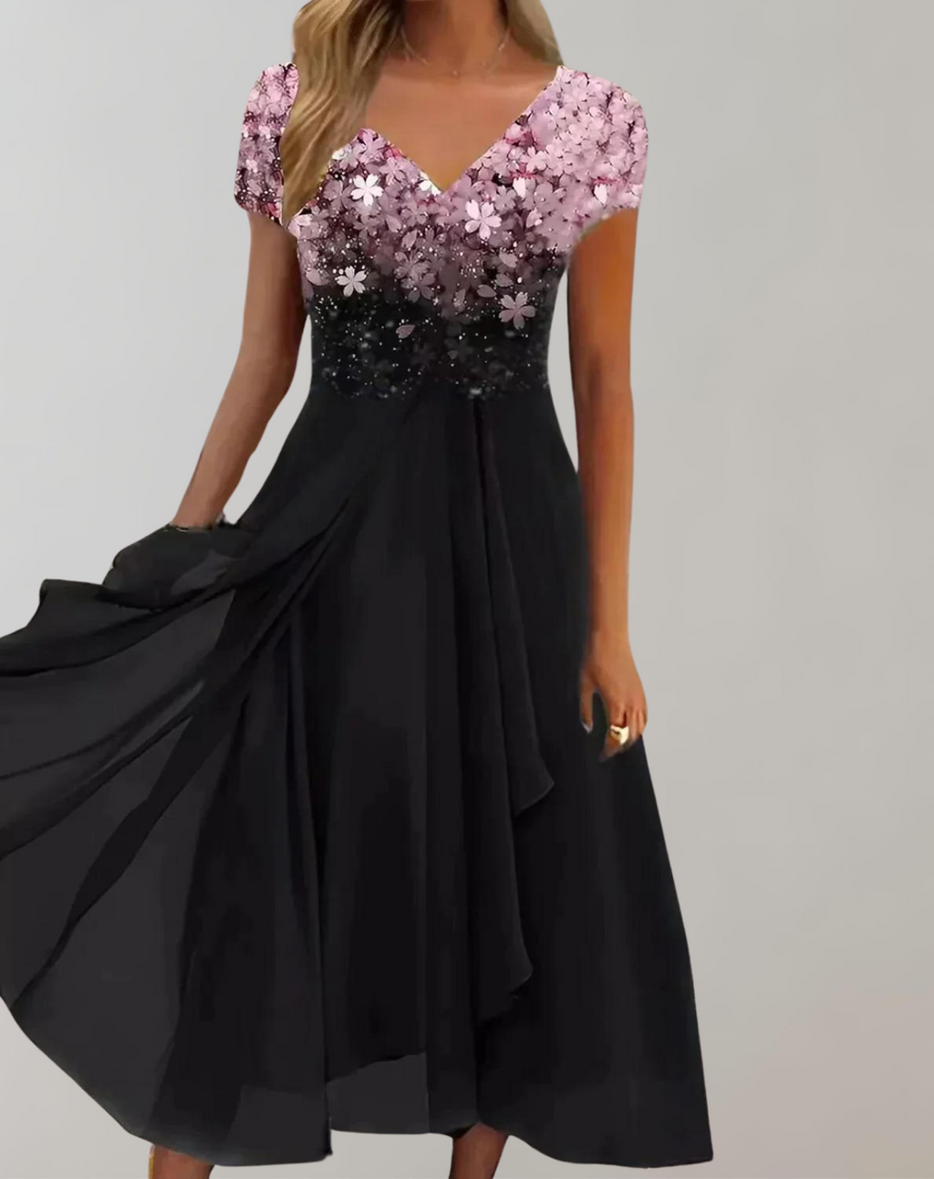 Luméa™ – Elegant evening dress with floral shimmer & flowing skirt