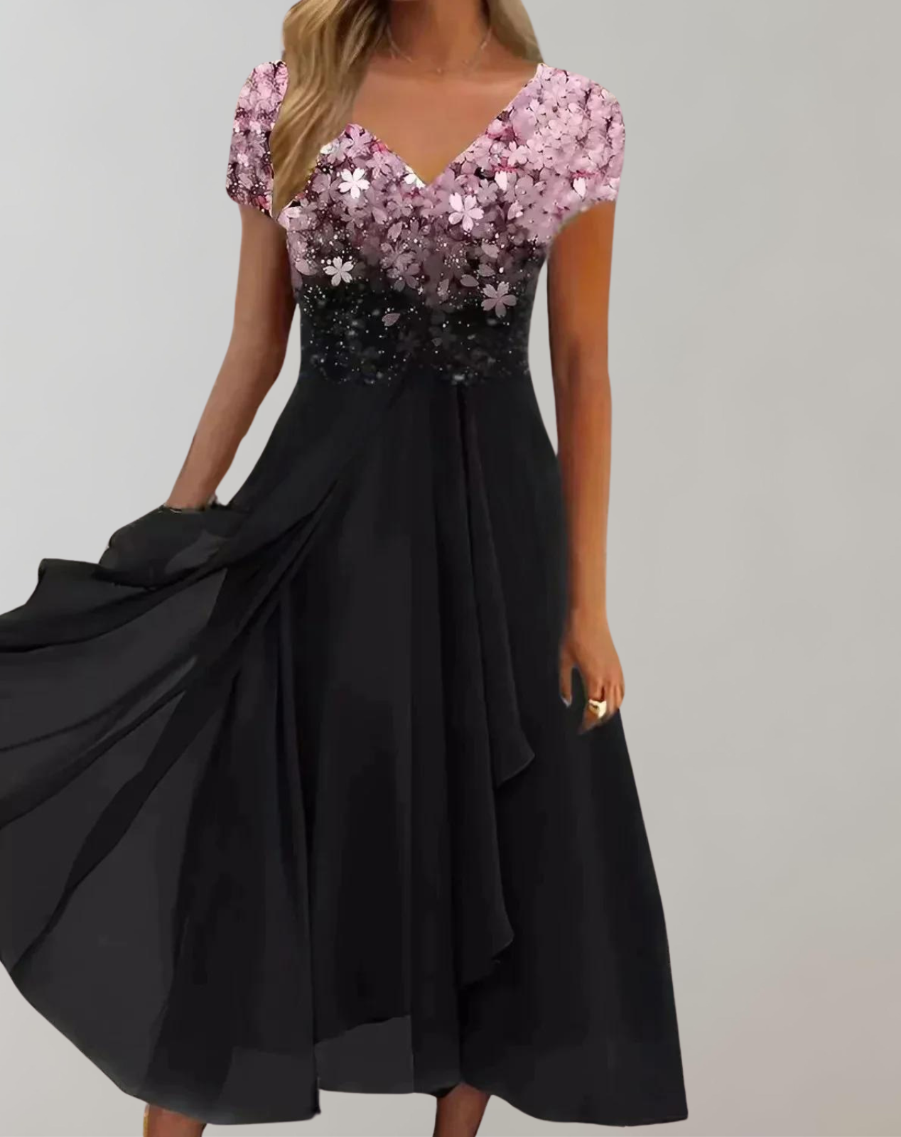 Luméa™ – Elegant evening dress with floral shimmer & flowing skirt