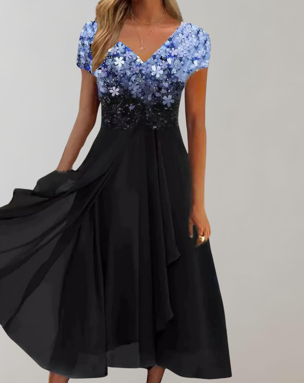 Luméa™ – Elegant evening dress with floral shimmer & flowing skirt