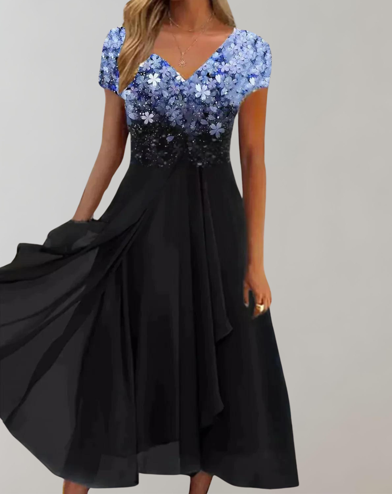 Luméa™ – Elegant evening dress with floral shimmer & flowing skirt