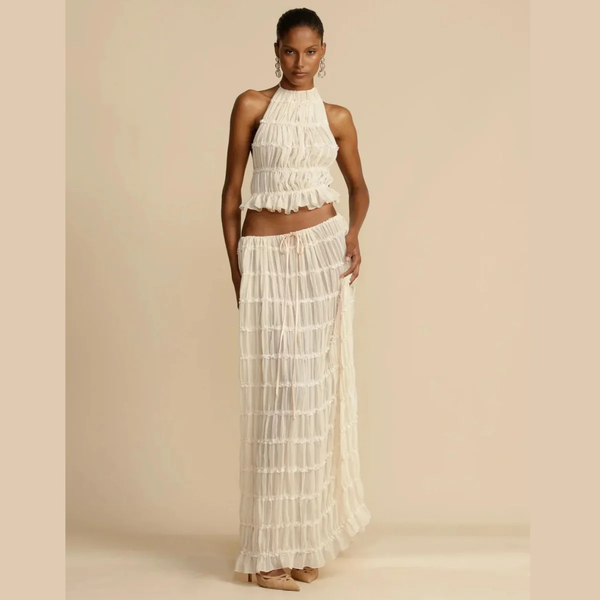 Valenzora | Top and Skirt Set Open Back Halterneck Maxi Skirt Two-Piece Set