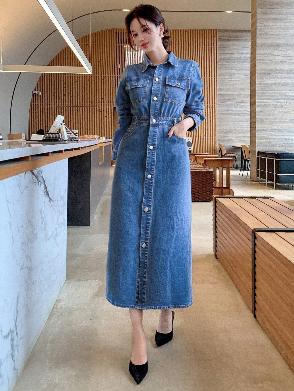 Valenzora | Button-front flap pockets long-sleeved denim dress