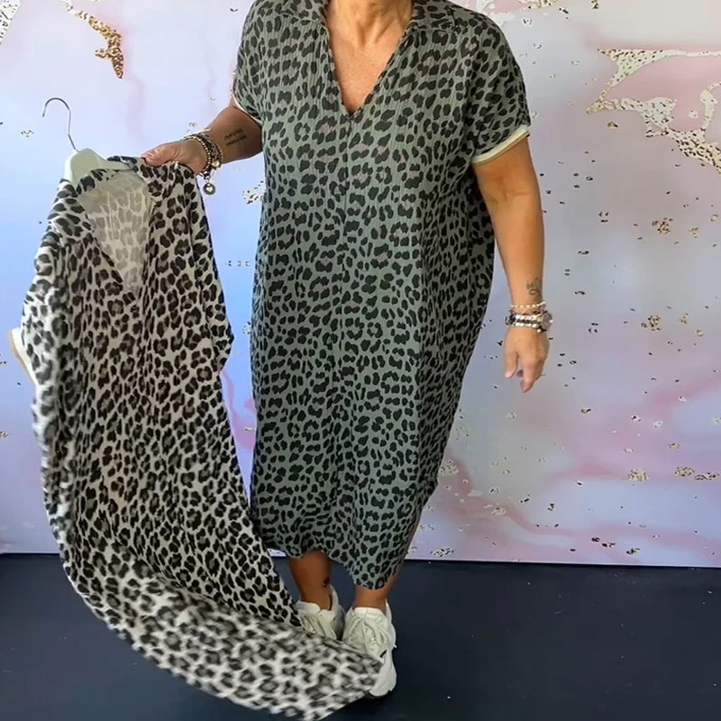 Valenzora | Relaxed V-neck leopard print dress for women