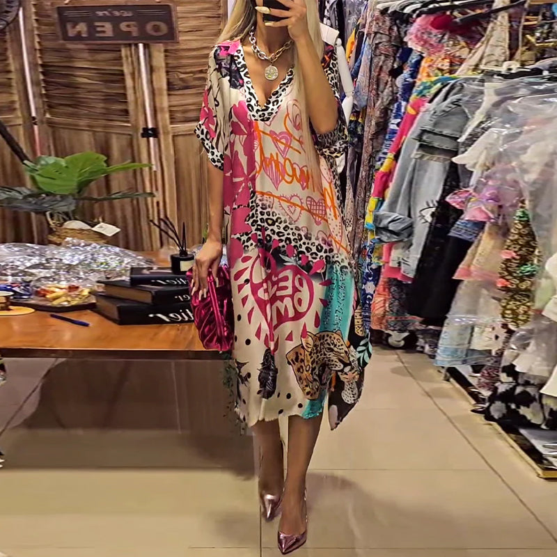 Valenzora | Casual dress with deep V-neck and leopard and colorful print