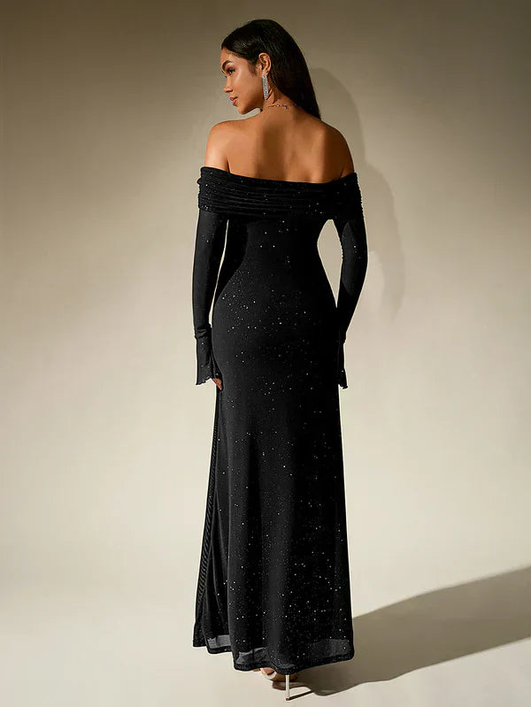 Valenzora | Schulterfreies Abendkleid in Braun mit Glitzer