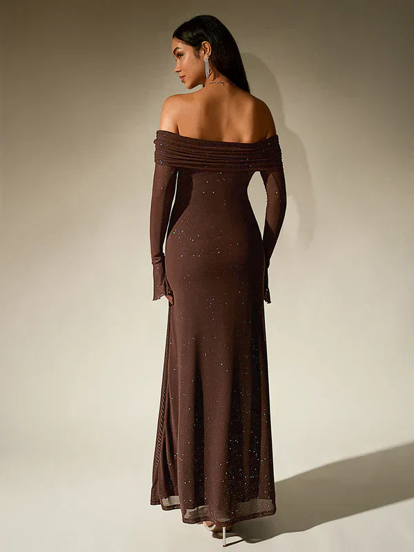 Valenzora | Schulterfreies Abendkleid in Braun mit Glitzer