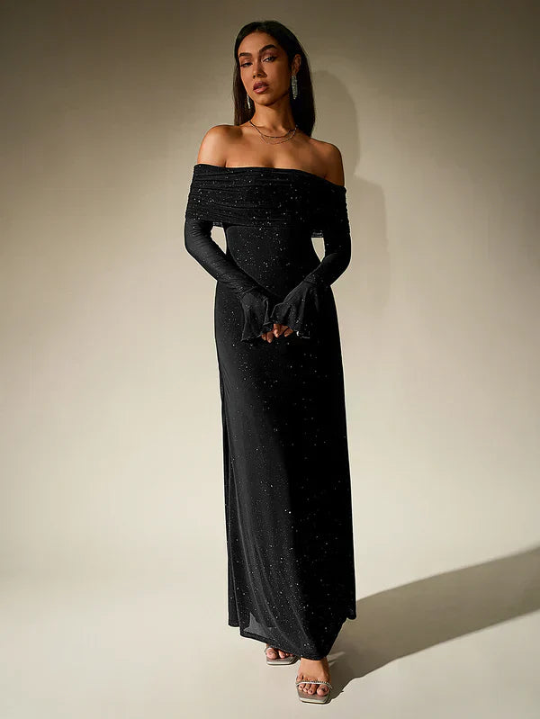 Valenzora | Schulterfreies Abendkleid in Braun mit Glitzer