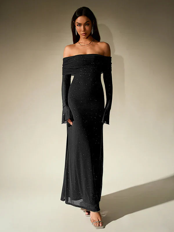 Valenzora | Schulterfreies Abendkleid in Braun mit Glitzer