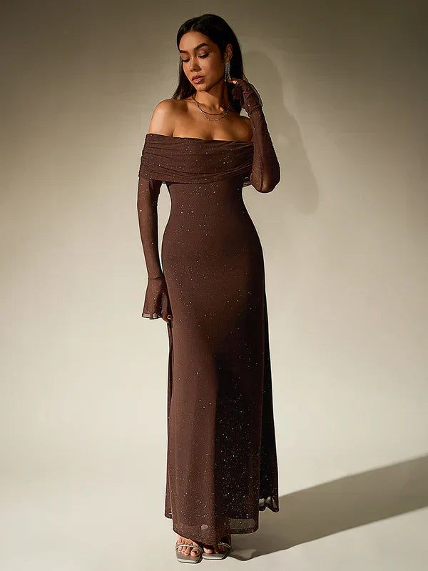 Valenzora | Schulterfreies Abendkleid in Braun mit Glitzer